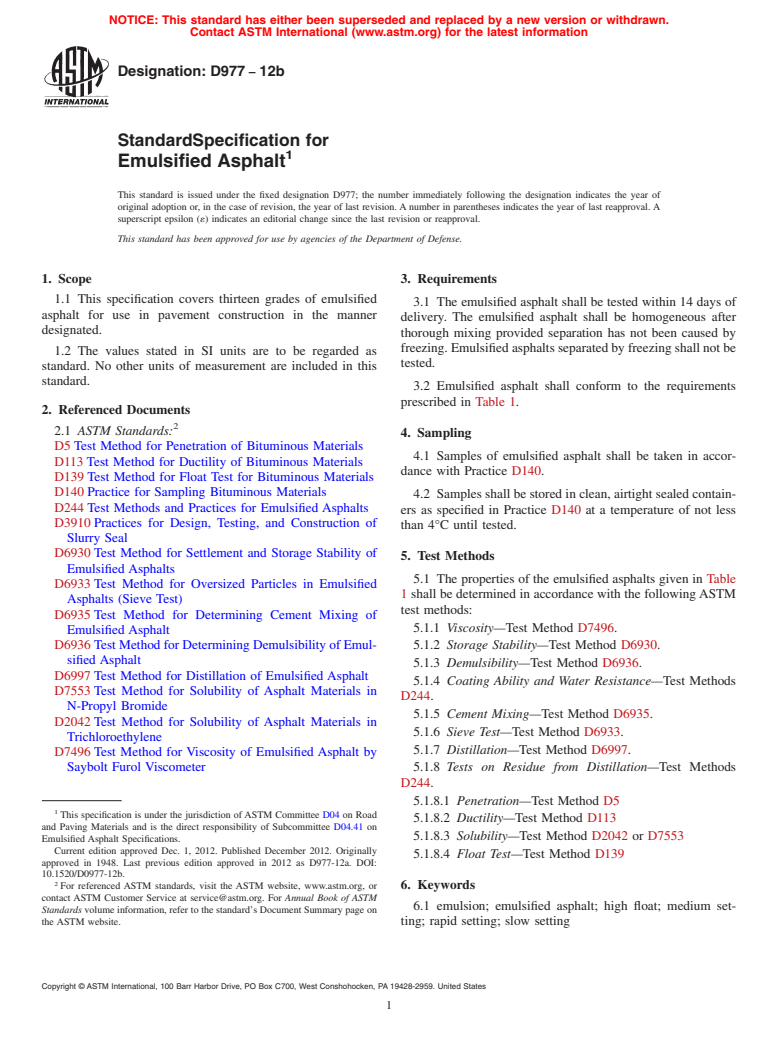 ASTM D977-12b - Standard Specification for  Emulsified Asphalt
