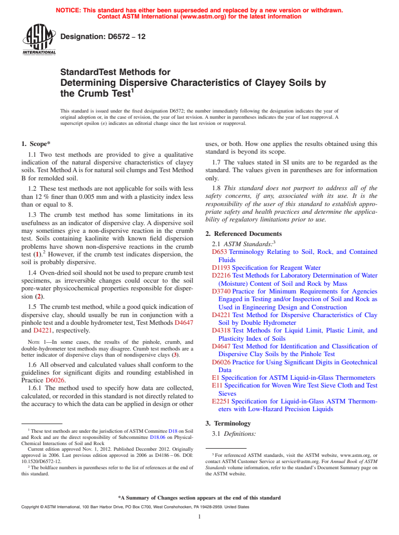 ASTM D6572-12 - Standard Test Methods for  Determining Dispersive Characteristics of Clayey Soils by the   Crumb Test