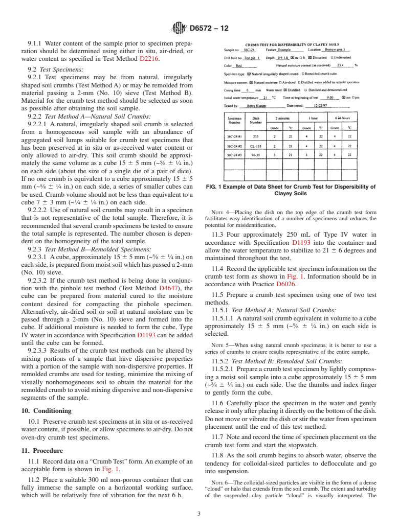 ASTM D6572-12 - Standard Test Methods for  Determining Dispersive Characteristics of Clayey Soils by the   Crumb Test