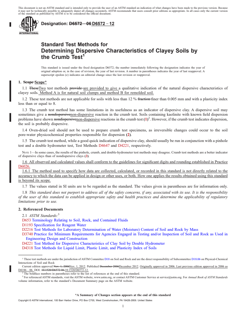 REDLINE ASTM D6572-12 - Standard Test Methods for  Determining Dispersive Characteristics of Clayey Soils by the   Crumb Test