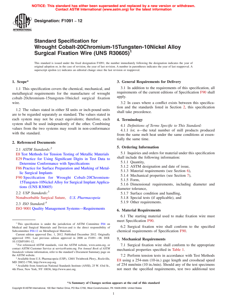 ASTM F1091-12 - Standard Specification for  Wrought Cobalt-20Chromium-15Tungsten-10Nickel Alloy Surgical  Fixation Wire (UNS R30605)