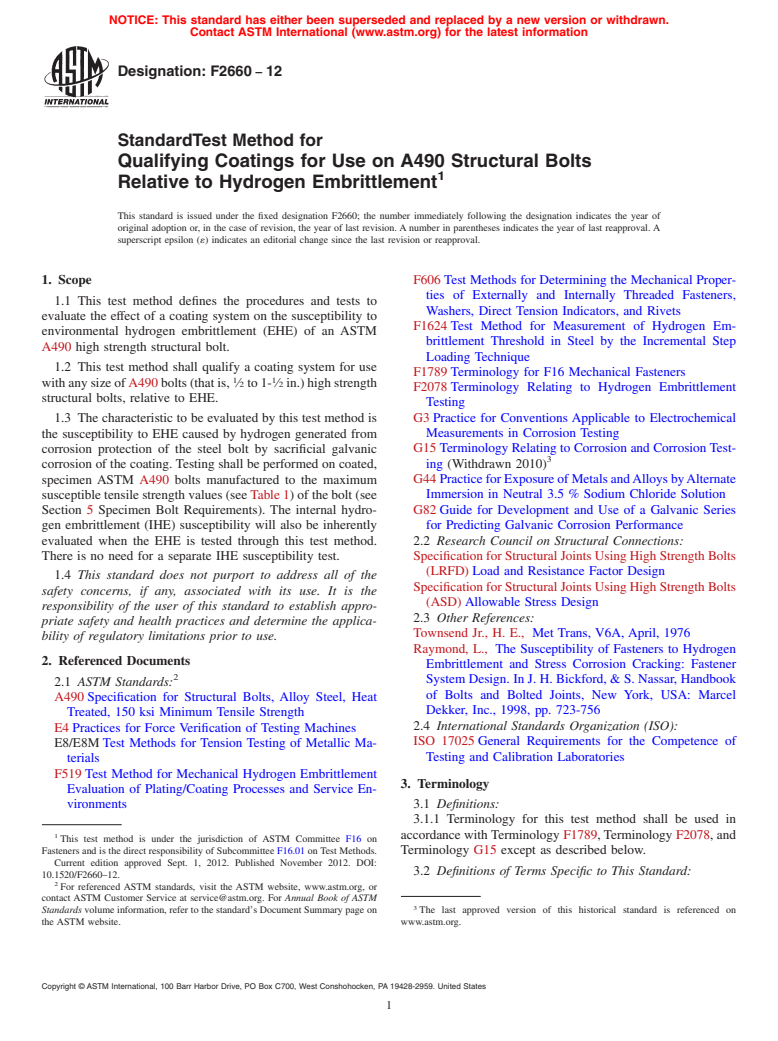 ASTM F2660-12 - Standard Test Method for Qualifying Coatings for Use on A490 Structural Bolts Relative to Hydrogen Embrittlement