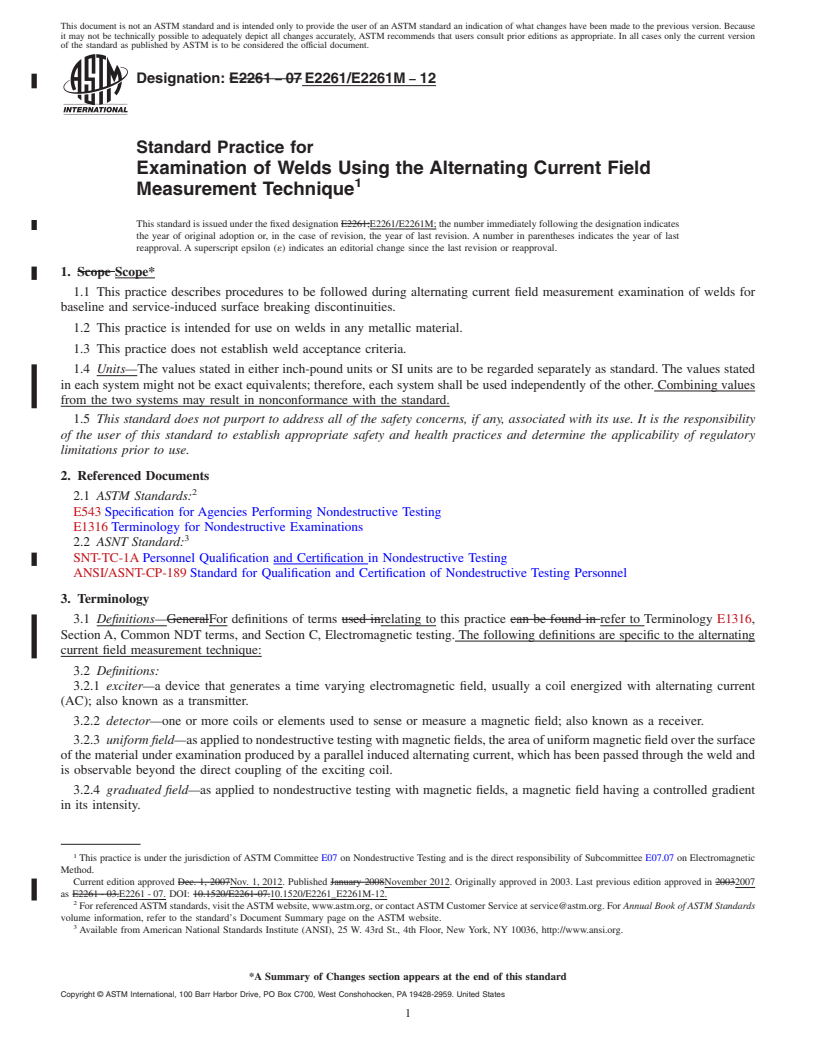 REDLINE ASTM E2261/E2261M-12 - Standard Practice for Examination of Welds Using the Alternating Current Field Measurement  Technique