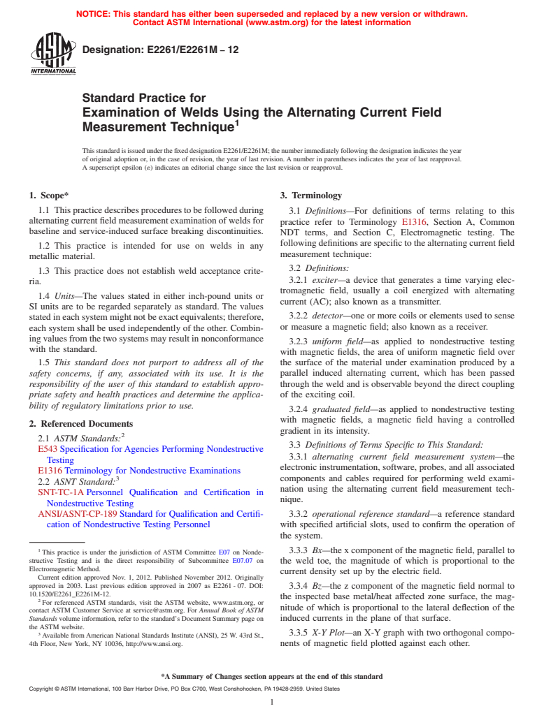 ASTM E2261/E2261M-12 - Standard Practice for Examination of Welds Using the Alternating Current Field Measurement  Technique