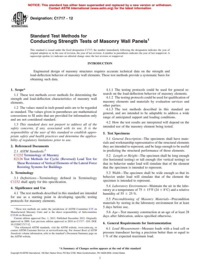 ASTM C1717-12 - Standard Test Methods for  Conducting Strength Tests of Masonry Wall Panels