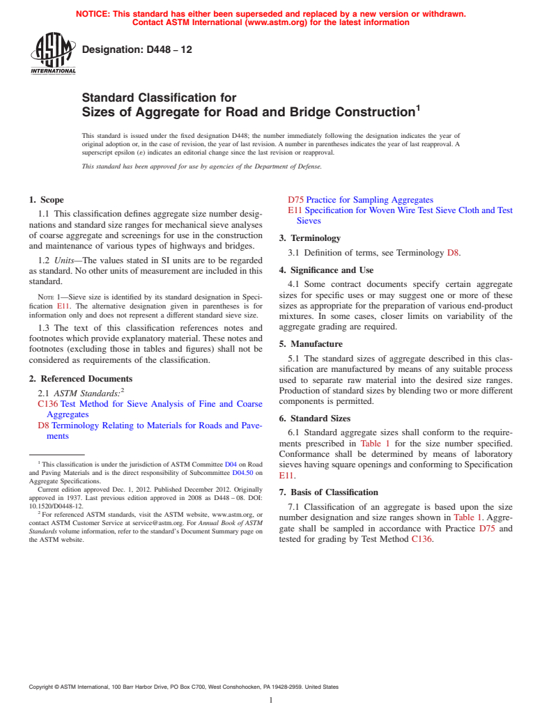 ASTM D448-12 - Standard Classification for  Sizes of Aggregate for Road and Bridge Construction