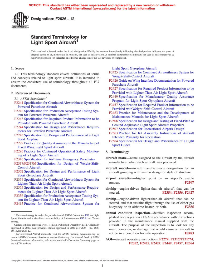 ASTM F2626-12 - Standard Terminology for  Light Sport Aircraft (Withdrawn 2018)