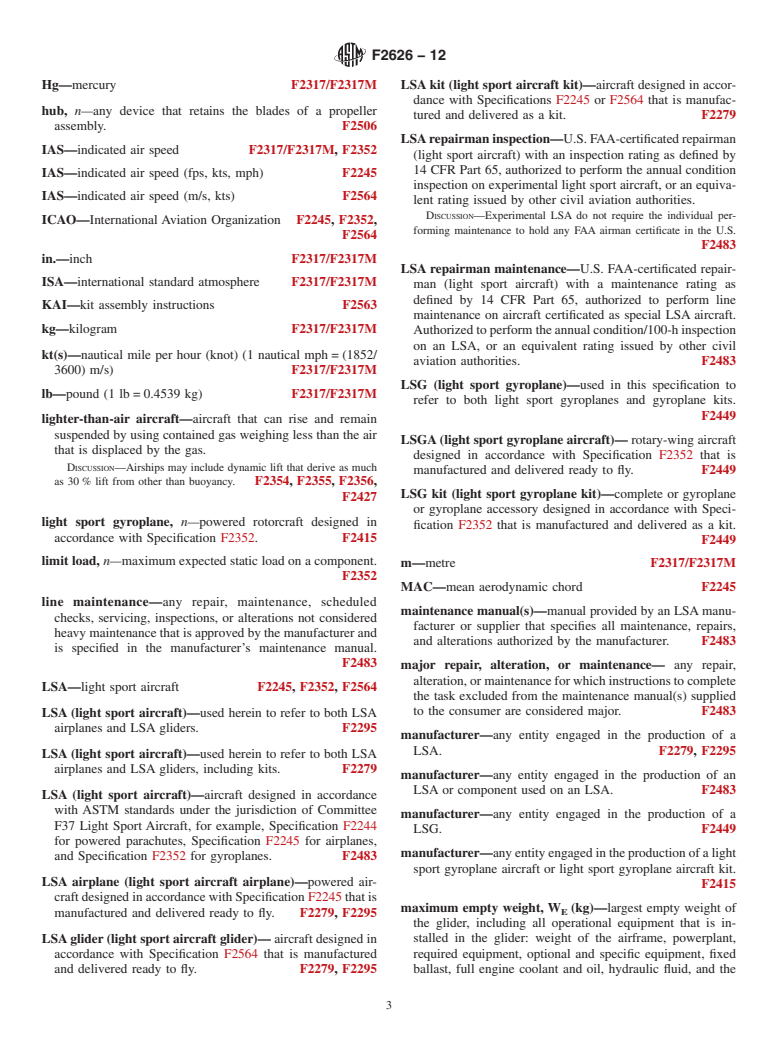 ASTM F2626-12 - Standard Terminology for  Light Sport Aircraft (Withdrawn 2018)