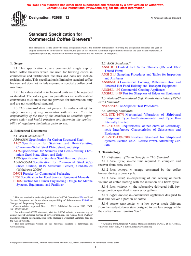 ASTM F2988-12 - Standard Specification for Commercial Coffee Brewers