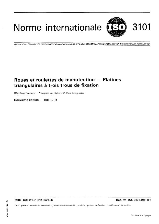 ISO 3101:1981 - Roues et roulettes de manutention -- Platines triangulaires a trois trous de fixation