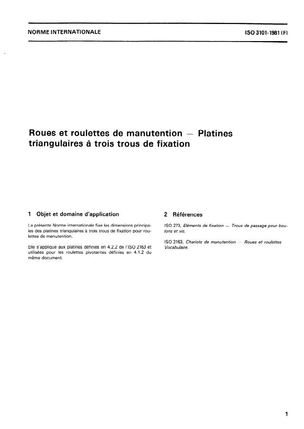 ISO 3101:1981 - Roues et roulettes de manutention -- Platines triangulaires a trois trous de fixation