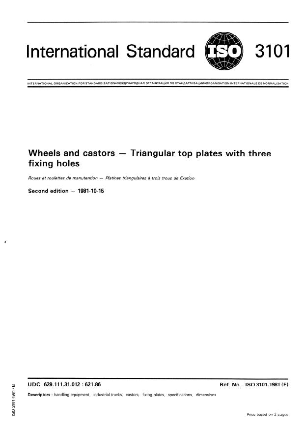 ISO 3101:1981 - Wheels and castors -- Triangular top plates with three fixing holes