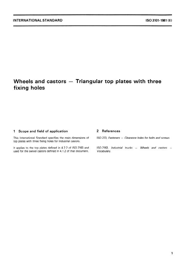 ISO 3101:1981 - Wheels and castors -- Triangular top plates with three fixing holes