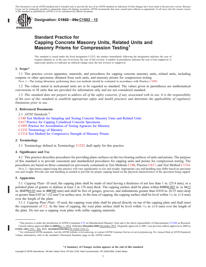 REDLINE ASTM C1552-12 - Standard Practice for  Capping Concrete Masonry Units, Related Units and Masonry Prisms   for Compression Testing