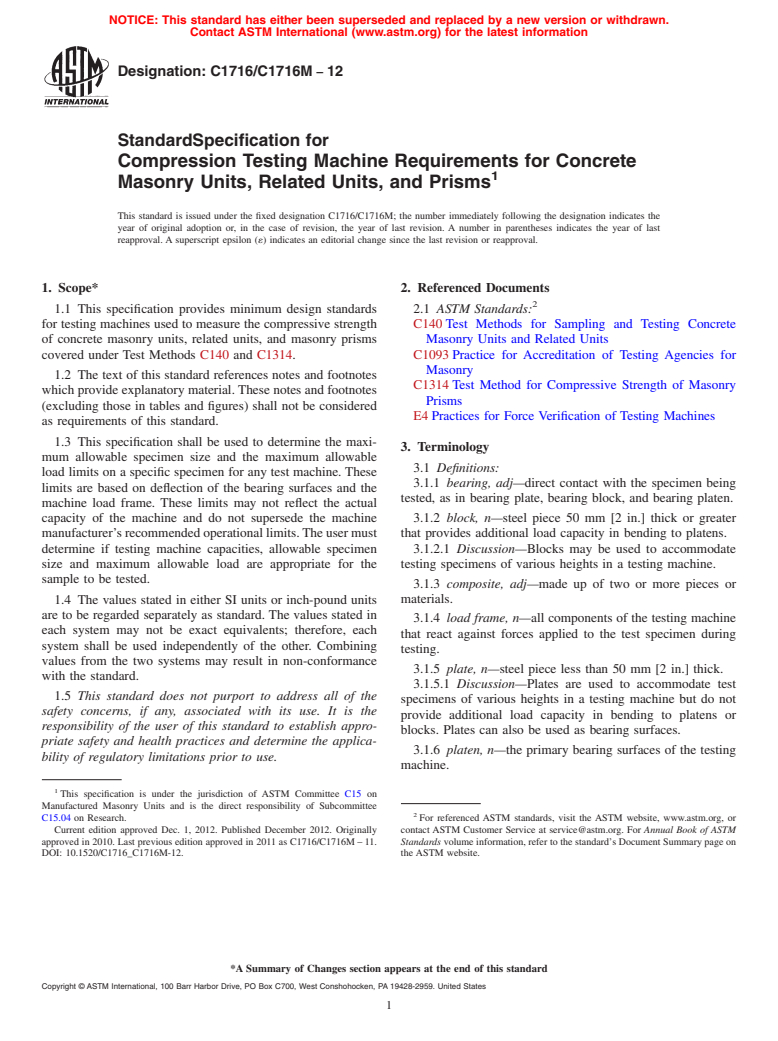 ASTM C1716/C1716M-12 - Standard Specification for Compression Testing Machine Requirements for Concrete Masonry Units, Related Units, and Prisms