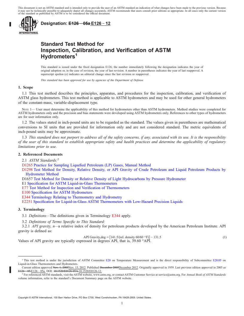 REDLINE ASTM E126-12 - Standard Test Method for  Inspection, Calibration, and Verification of ASTM Hydrometers