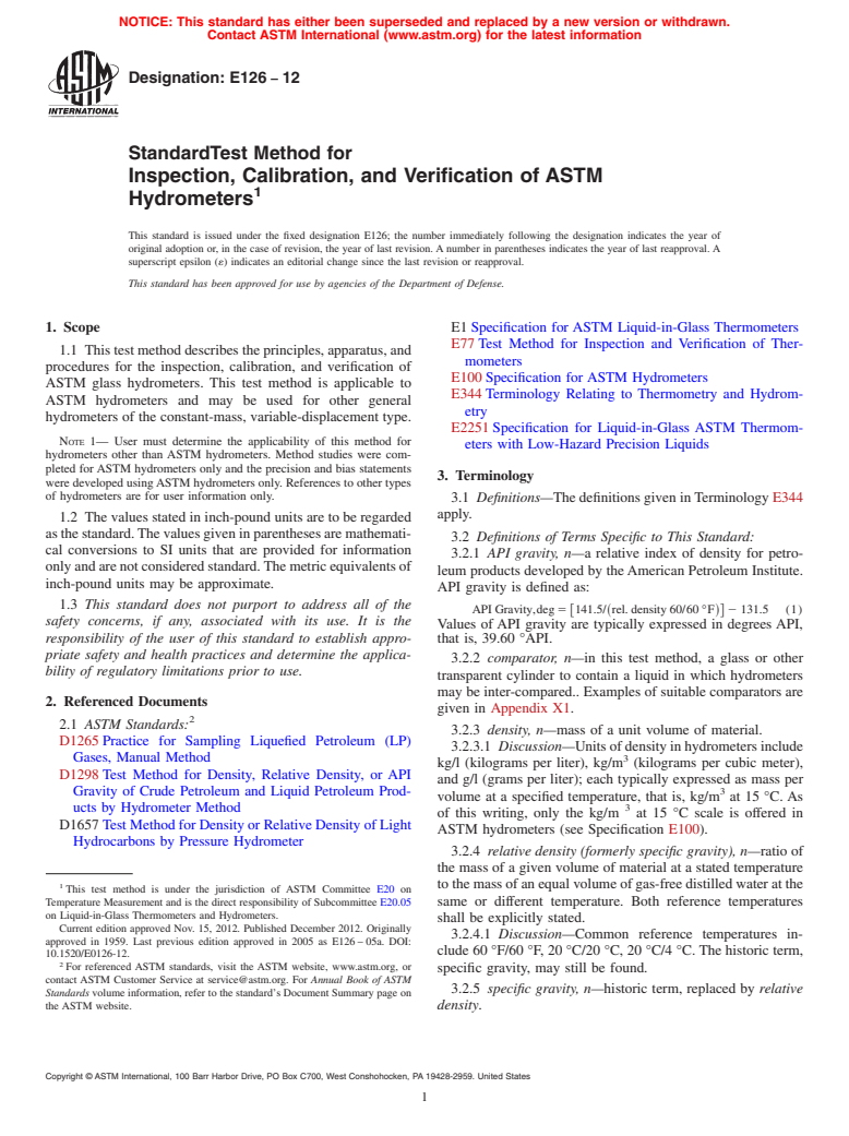 ASTM E126-12 - Standard Test Method for  Inspection, Calibration, and Verification of ASTM Hydrometers