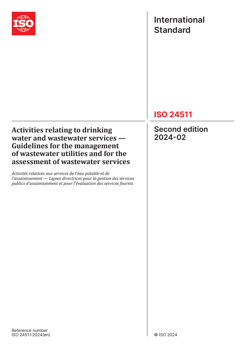 ISO 24511:2024 - Activities relating to drinking water and wastewater services — Guidelines for the management of wastewater utilities and for the assessment of wastewater services
Released:19. 02. 2024