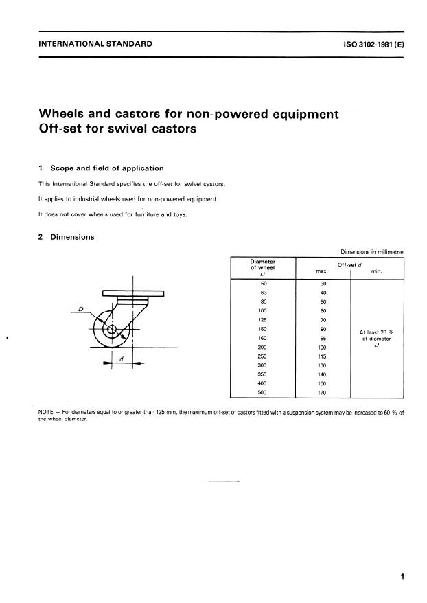 ISO 3102:1981 - Wheels and castors for non-powered equipment -- Off-set for swivel castors