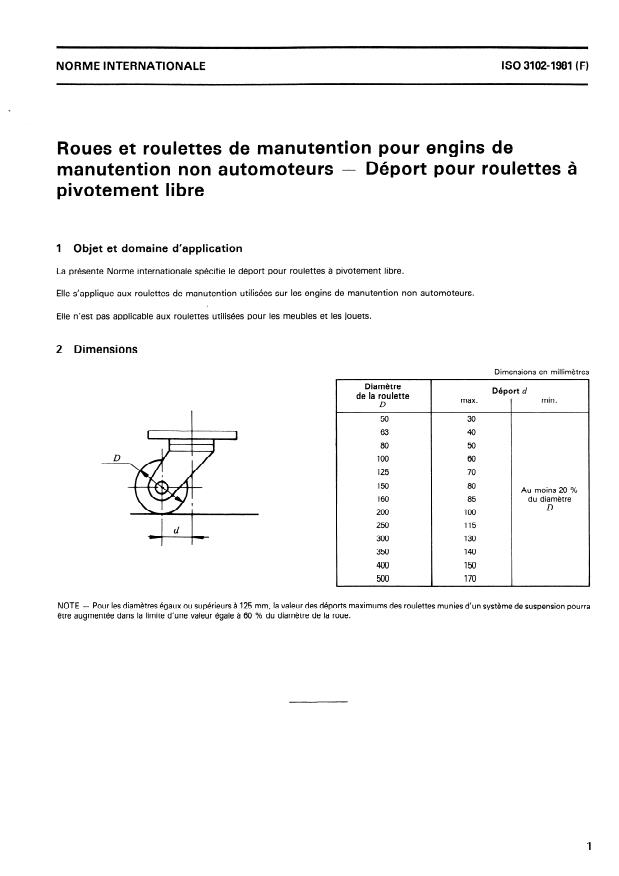 ISO 3102:1981 - Roues et roulettes de manutention pour engins de manutention non automoteurs -- Déport pour roulettes a pivotement libre