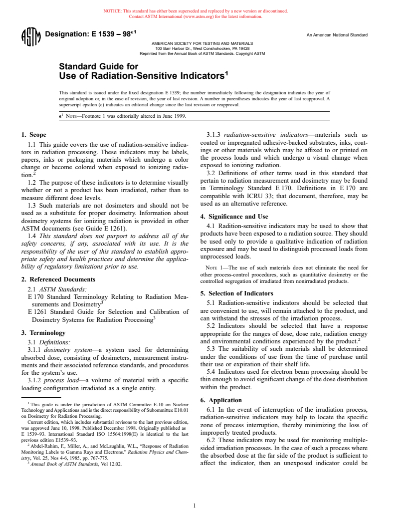 ASTM E1539-98e1 - Standard Guide for Use of Radiation-Sensitive Indicators (Withdrawn 2002)