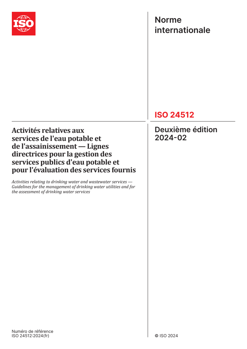 ISO 24512:2024 - Activités relatives aux services de l'eau potable et de l'assainissement — Lignes directrices pour la gestion des services publics d'eau potable et pour l'évaluation des services fournis
Released:9/11/2024