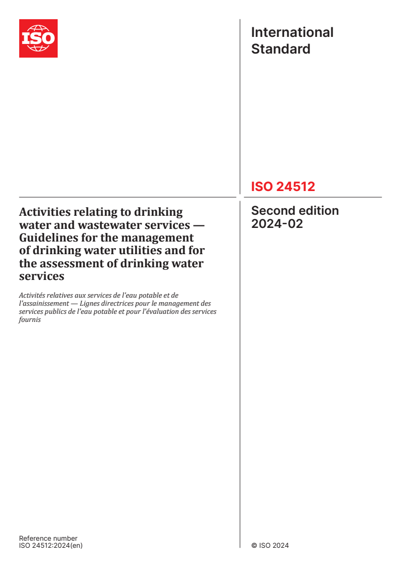 ISO 24512:2024 - Activities relating to drinking water and wastewater services — Guidelines for the management of drinking water utilities and for the assessment of drinking water services
Released:23. 02. 2024