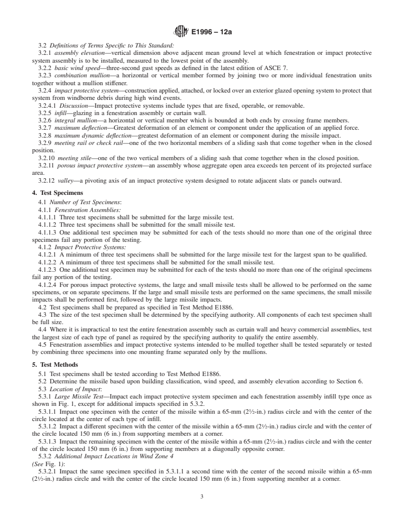 REDLINE ASTM E1996-12a - Standard Specification for Performance of Exterior Windows, Curtain Walls, Doors, and Impact Protective Systems Impacted by Windborne Debris in Hurricanes