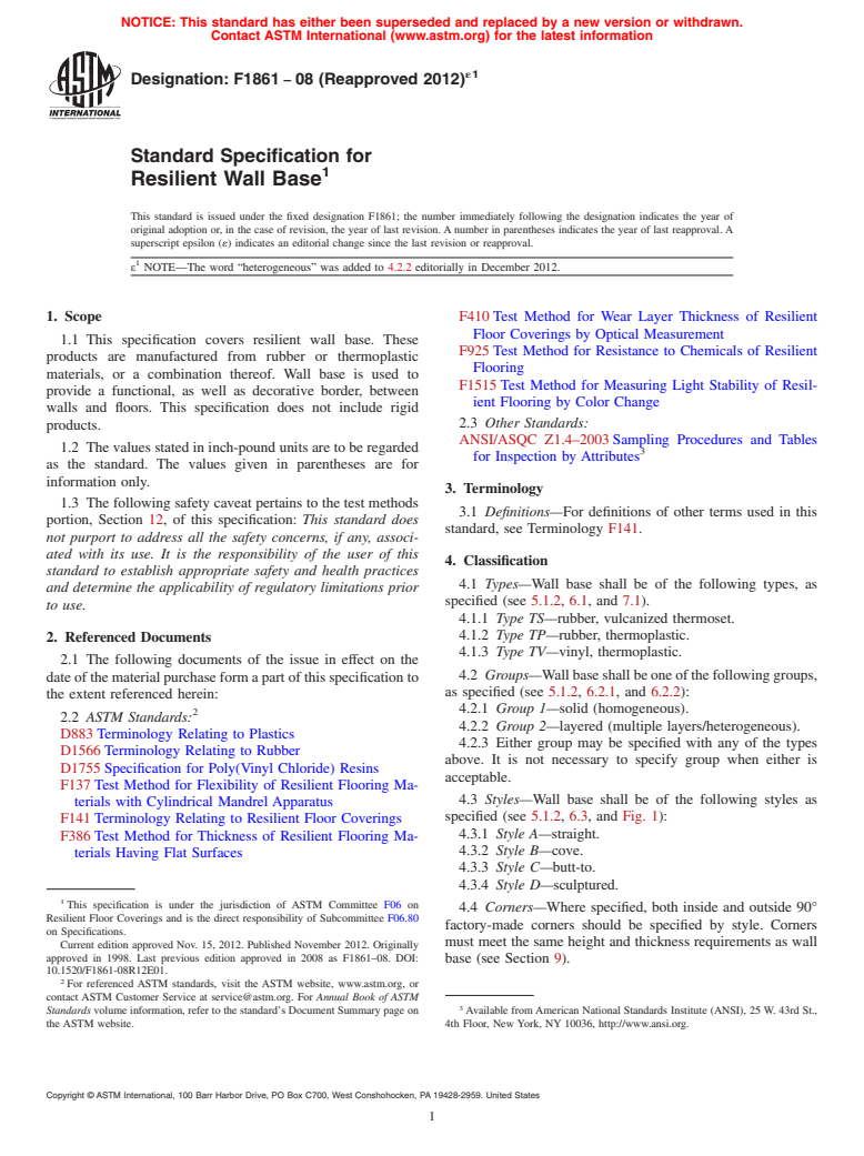 ASTM F1861-08(2012)e1 - Standard Specification for  Resilient Wall Base