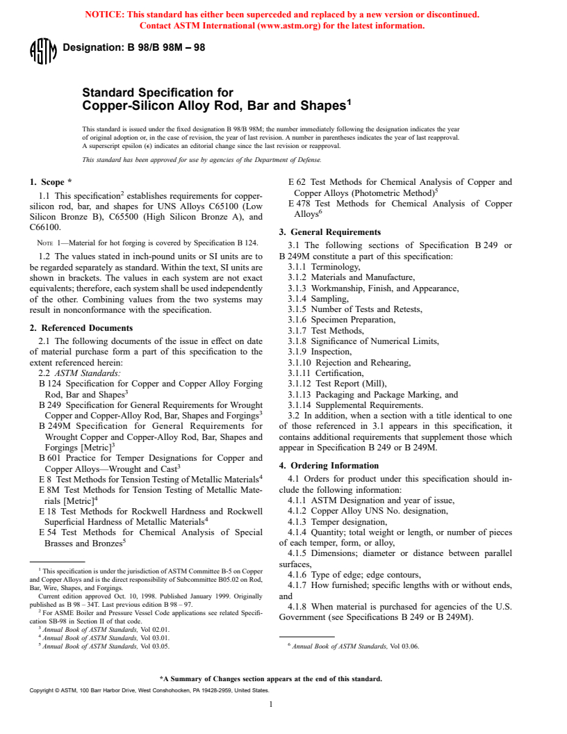 ASTM B98/B98M-98 - Standard Specification for Copper-Silicon Alloy Rod, Bar, and Shapes