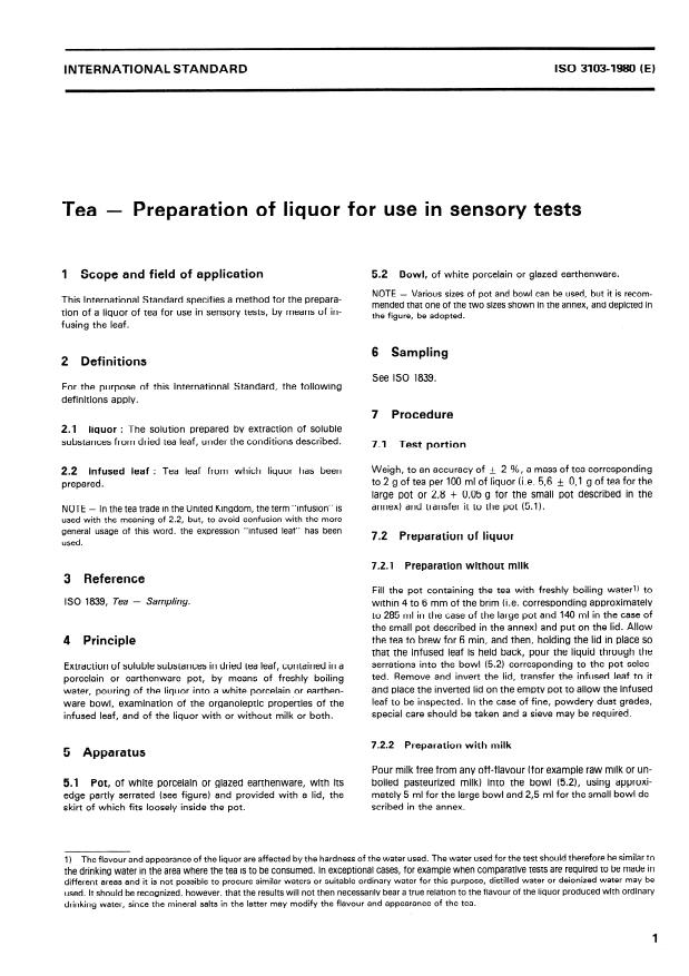 ISO 3103:1980 - Tea -- Preparation of liquor for use in sensory tests