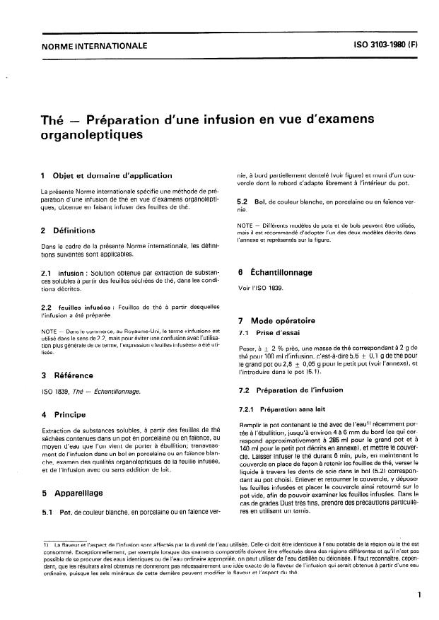 ISO 3103:1980 - Thé -- Préparation d'une infusion en vue d'examens organoleptiques