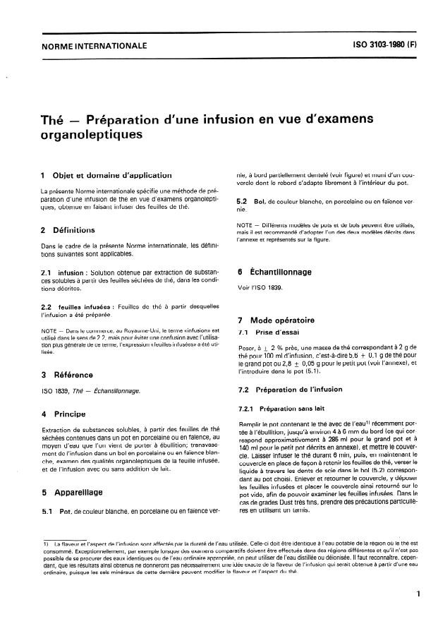 ISO 3103:1980 - Thé -- Préparation d'une infusion en vue d'examens organoleptiques