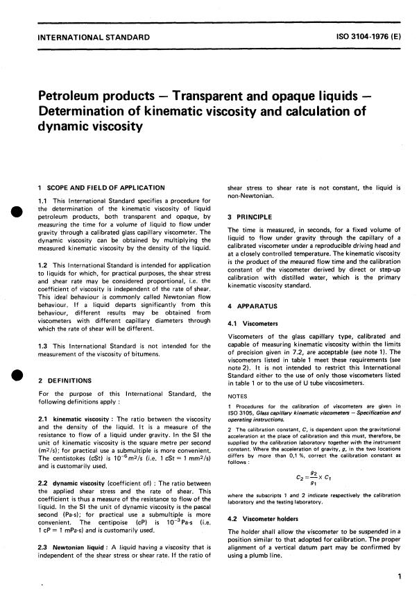 ISO 3104:1976 - Produits pétroliers -- Liquides opaques et transparents -- Détermination de la viscosité cinématique et calcul de la viscosité dynamique