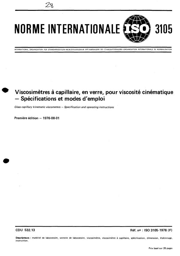 ISO 3105:1976 - Viscosimetres a capillaire, en verre, pour viscosité cinématique -- Spécifications et modes d'emploi