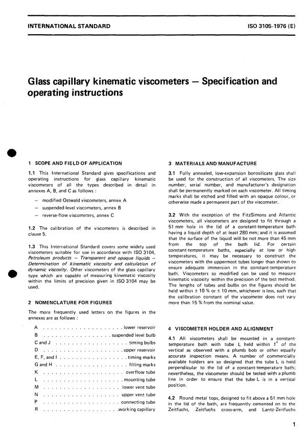 ISO 3105:1976 - Glass capillary kinematic viscometers -- Specification and operating instructions