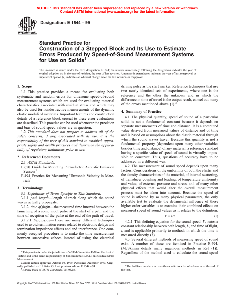 ASTM E1544-99 - Standard Practice for Construction of a Stepped Block and Its Use to Estimate Errors Produced by Speed-of-Sound Measurement Systems for Use on Solids