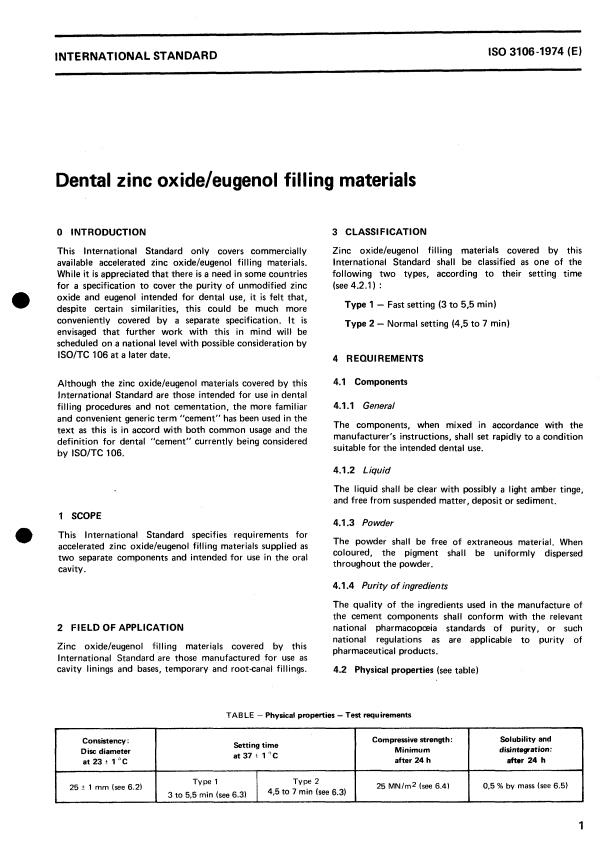 ISO 3106:1974 - Dental zinc oxide/eugenol filling materials