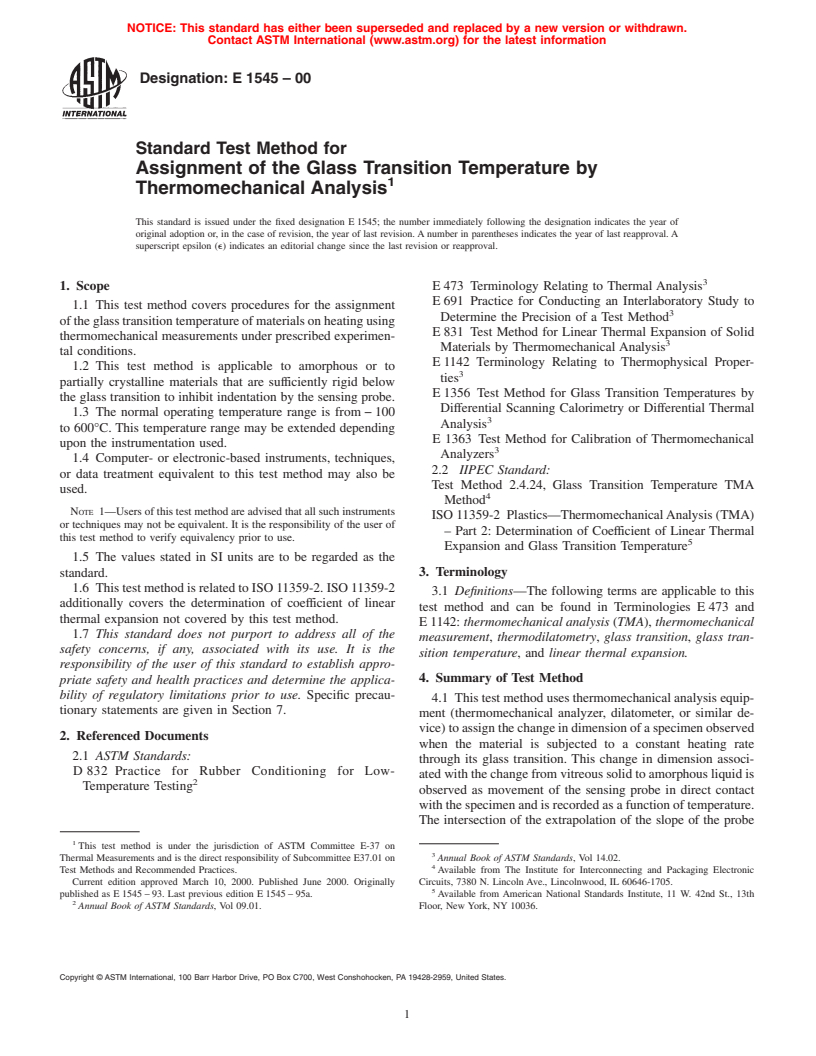 ASTM E1545-00 - Standard Test Method for Assignment of the Glass Transition Temperature by Thermomechanical Analysis