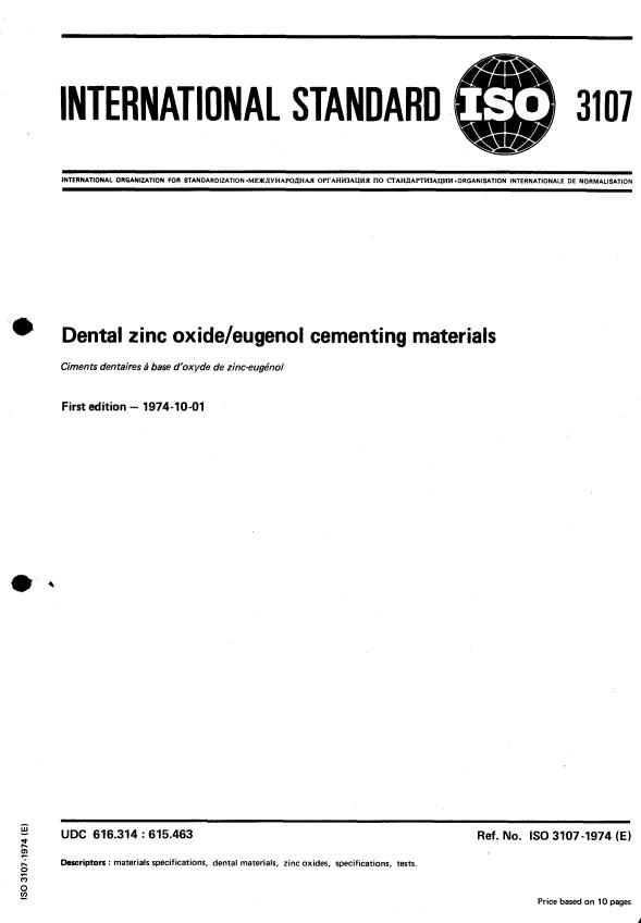 ISO 3107:1974 - Dental zinc oxide/eugenol cementing materials