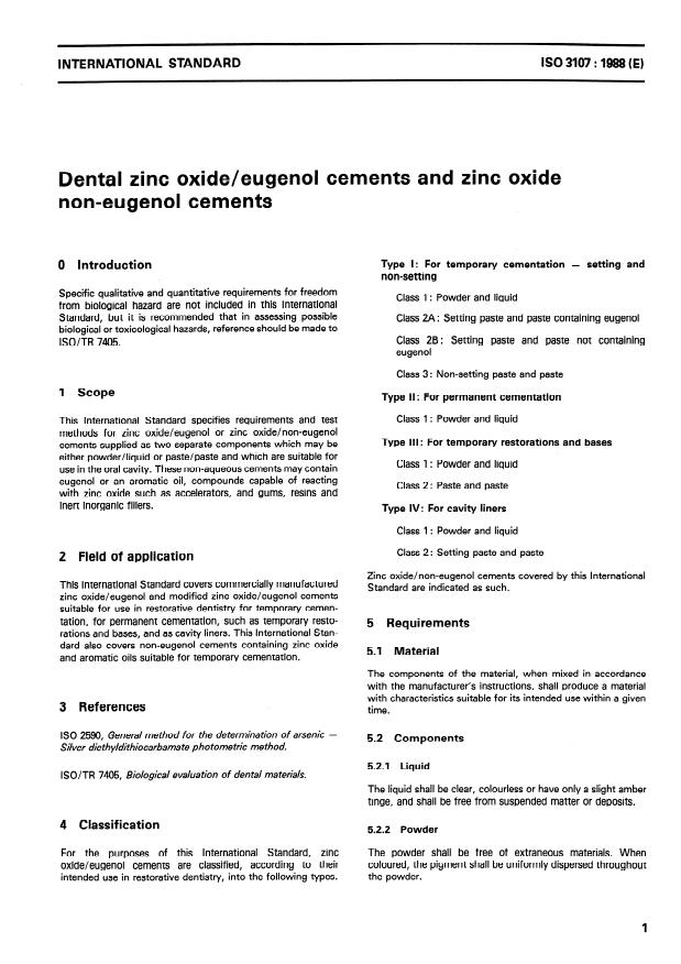 ISO 3107:1988 - Dental zinc oxide/eugenol cements and zinc oxide non-eugenol cements