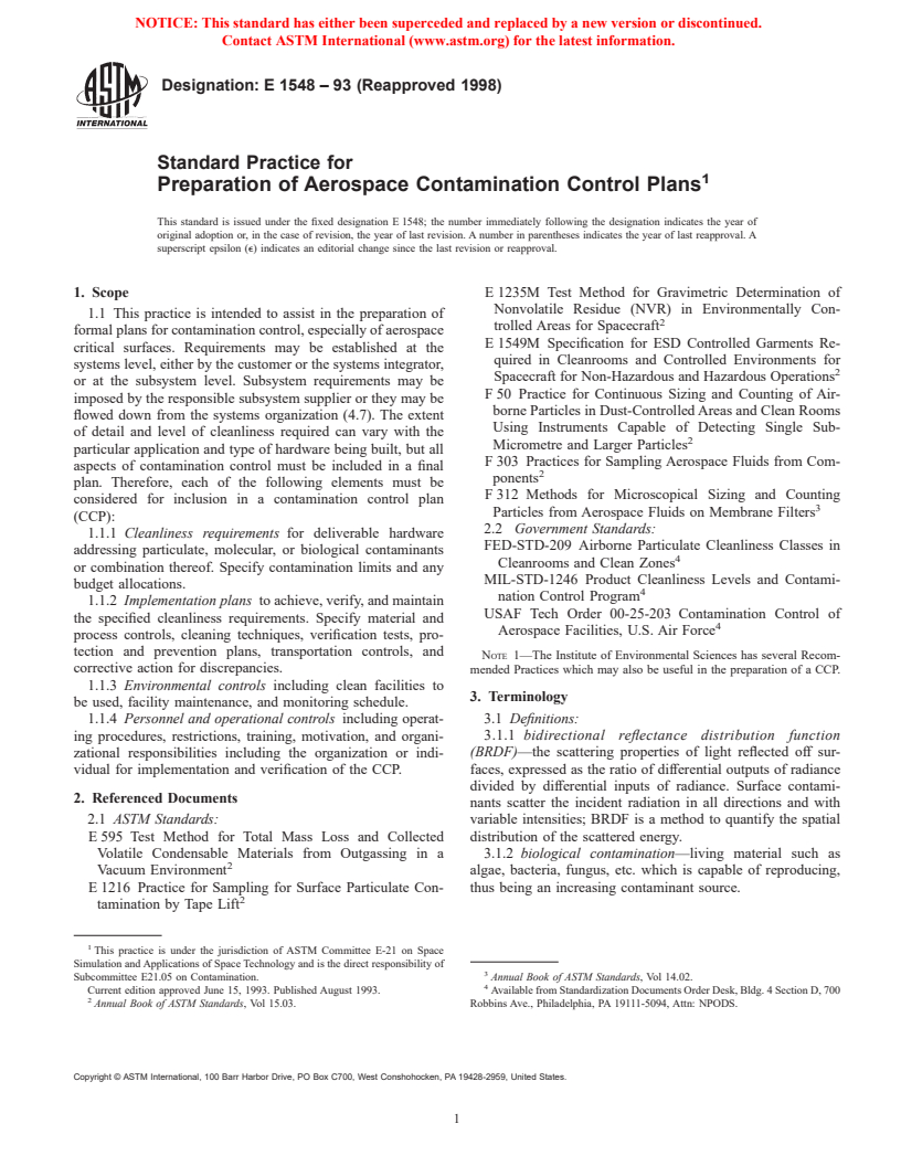 ASTM E1548-93(1998) - Standard Practice for Preparation of Aerospace Contamination Control Plans