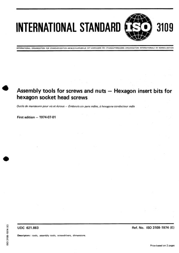 ISO 3109:1974 - Assembly tools for screws and nuts -- Hexagon insert bits for hexagon socket head screws