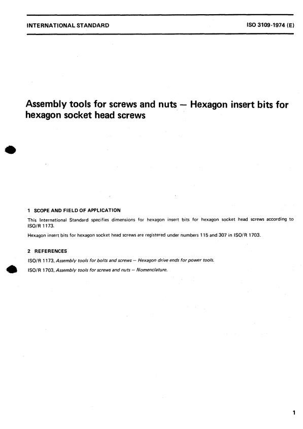 ISO 3109:1974 - Assembly tools for screws and nuts -- Hexagon insert bits for hexagon socket head screws