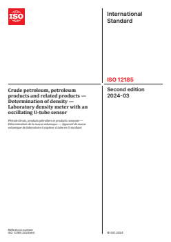 ISO 12185:2024 ISO 12185:2024 - Crude petroleum, petroleum products and related products — Determination of density — Laboratory density meter with an oscillating U-tube sensor
Released:15. 03. 2024 - Page 1 preview