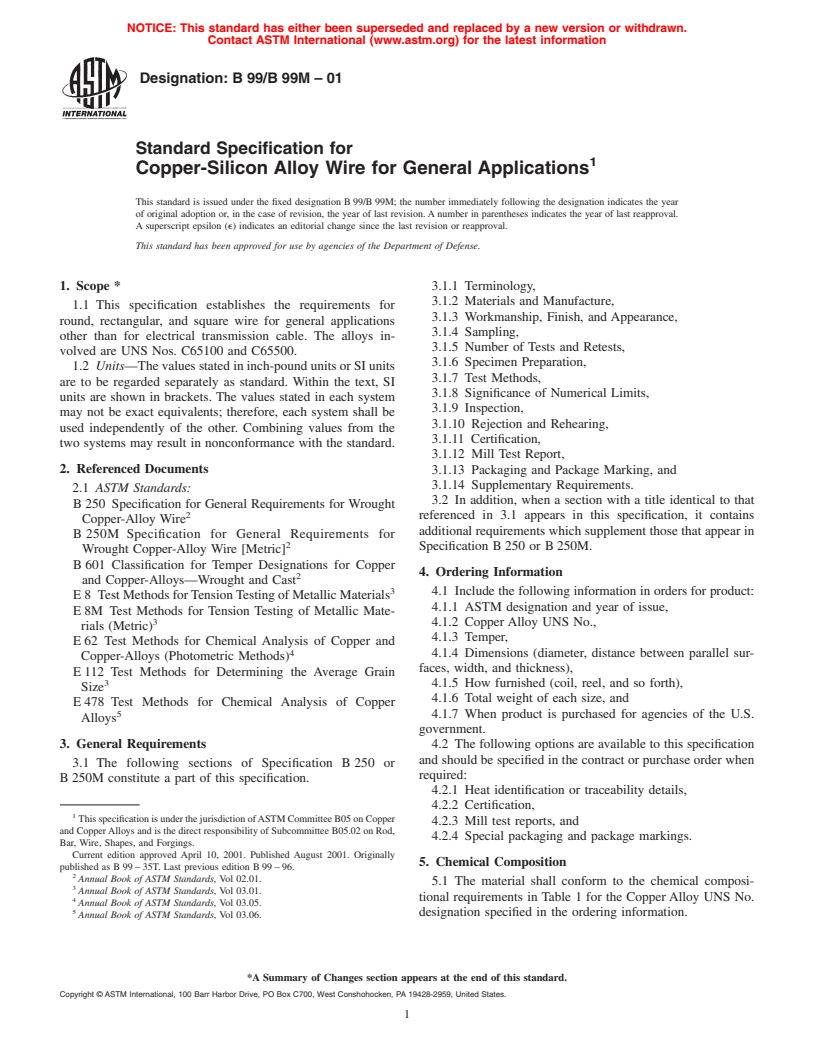 ASTM B99/B99M-01 - Standard Specification for Copper-Silicon Alloy Wire for General Applications