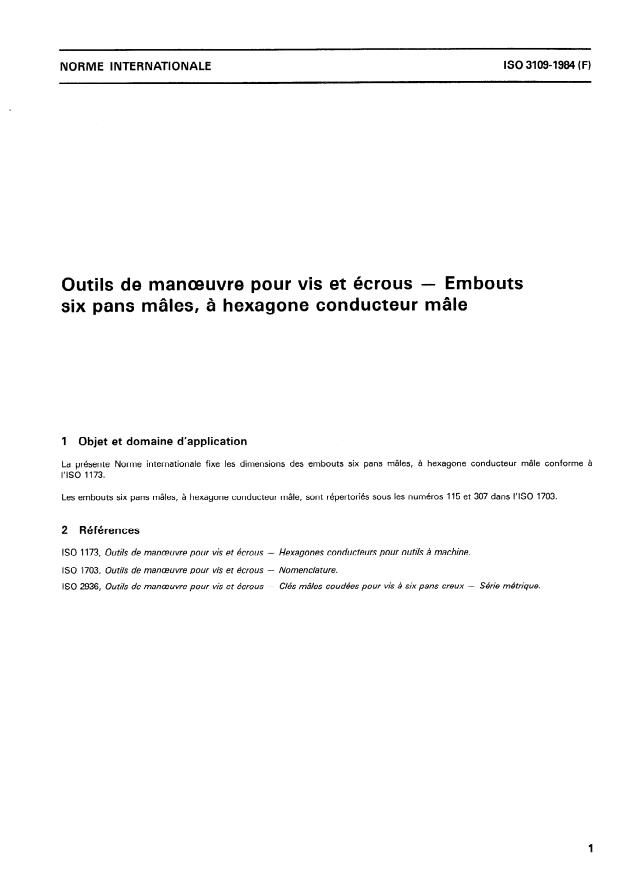 ISO 3109:1984 - Outils de manoeuvre pour vis et écrous -- Embouts six pans mâles, a hexagone conducteur mâle