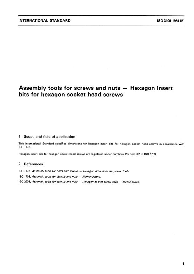 ISO 3109:1984 - Assembly tools for screws and nuts -- Hexagon insert bits for hexagon socket head screws