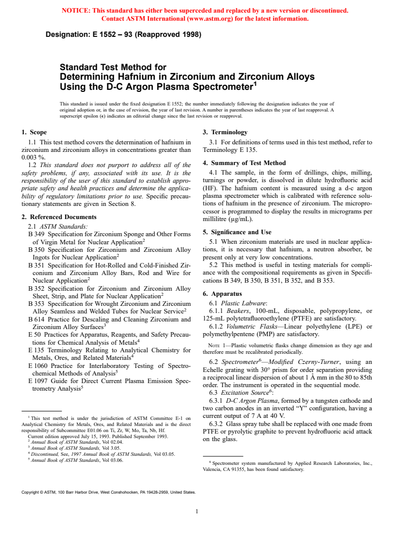 ASTM E1552-93(1998) - Standard Test Method for Determining Hafnium in Zirconium and Zirconium Alloys Using the D-C Argon Plasma Spectrometer