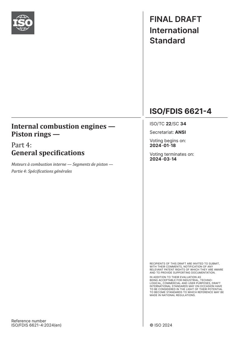 ISO/FDIS 6621-4 - Internal combustion engines — Piston rings — Part 4: General specifications
Released:4. 01. 2024